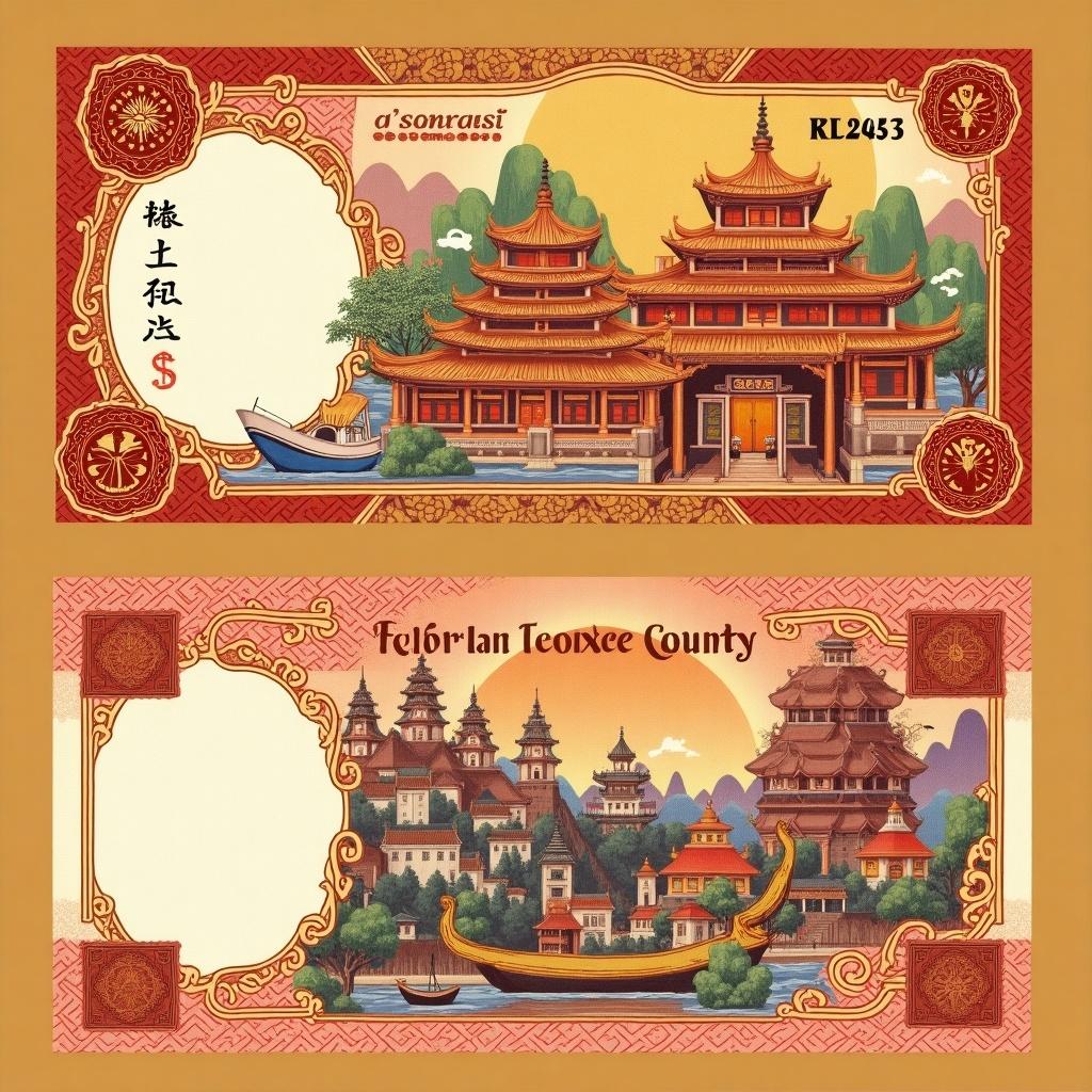 Fictional unique banknote design themed on a lao-chinese country.