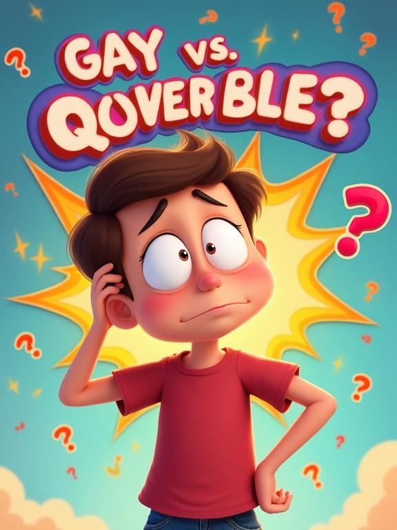 Animated character scratching head in confusion surrounded by floating question marks. Background features a rainbow explosion with the text 'GAY vs. QUEER.' Tiny cartoon pineapple pizza floats by for comedic effect.