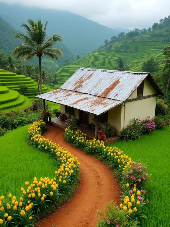 A picturesque rural scene featuring a small house in a lush green valley. House has a gabled roof with corrugated metal sheets. Exterior walls are light cream. A winding reddish-brown dirt path leads to the house, bordered by bright yellow and pink flowers. Vibrant green grass and terraced hills surround the scene. The atmosphere is tranquil and serene.
