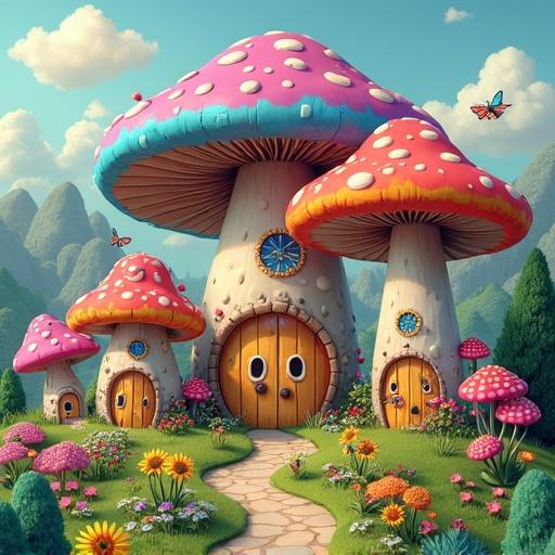 Whimsical village with tiny fairy houses inside oversized smiling mushrooms. Each mushroom features vivid patterns inspired by Murakami. Rainbow colors fill the landscape. The scene has a playful pop-art feel. Ultra detailed, bright, and cheerful fantasy world.