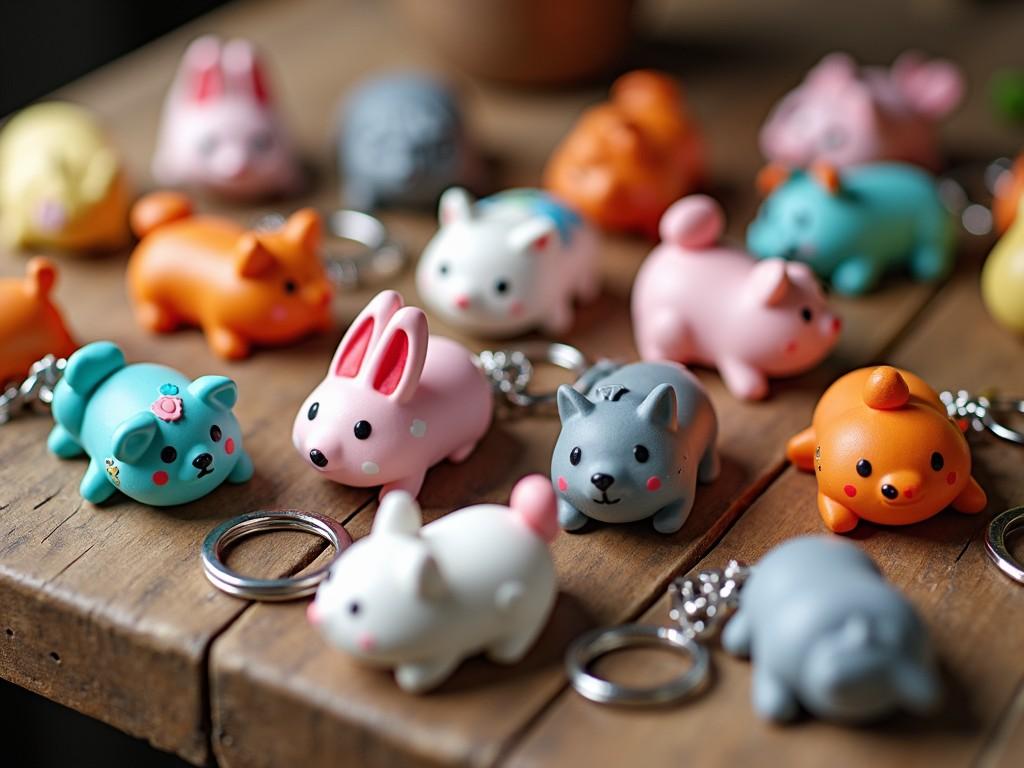 Colorful animal keychains arranged on a wooden table, showcasing various animal designs in cute, vivid colors.