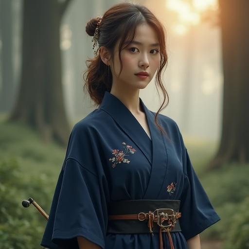 25-year-old senior scout named Clarisse in a deep indigo kimono-inspired outfit. Smooth skin and natural texture. Subtle embroidery on outfit with modest slits. Short sleeves above elbows for ease of movement. Radar curves of chest and slender waist. Medium-length chestnut brown hair softly waved. Adorned with kanzashi hairpin. Carrying lacquered yumi bow and trap pouch. Misty forest background at dawn with soft sunlight filtering through trees. Serene and realistic atmosphere.