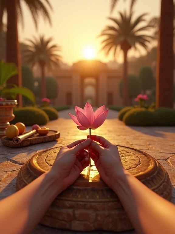 First-person view of hands holding a lotus flower in an ancient Egyptian palace garden at sunset. Soft golden light illuminates the scene. A carved stone table holds fruit, papyrus scrolls, and honey. Surrounding palm trees sway gently. Ultra-realistic detail in a virtual reality context.