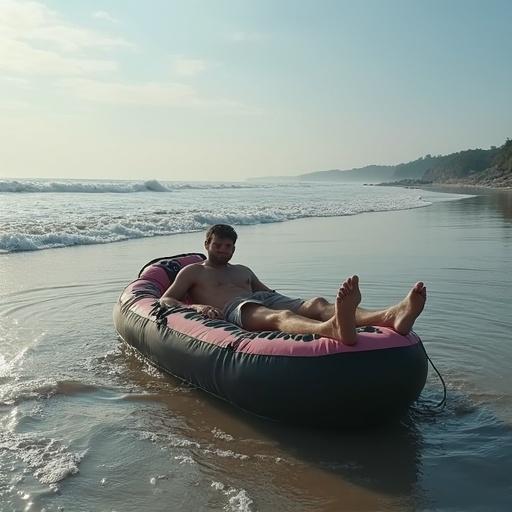 A man is lying on an air mattress on a beach. The ocean is in the background with gentle waves. The shore is visible and the sun is shining.