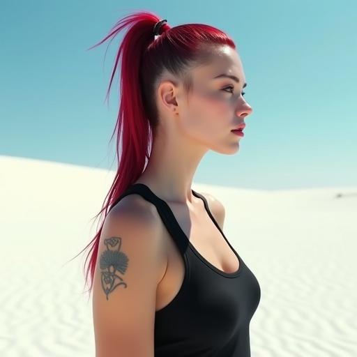 A young woman with long dark red punk ponytail stands in the desert. She has a tattoo on her arm and an eyebrow piercing. Wearing a black tank top and tight spandex pants. Bright white ground and blue sky provide backdrop. Shadows and textures add depth. High resolution and HDR enhanced image.