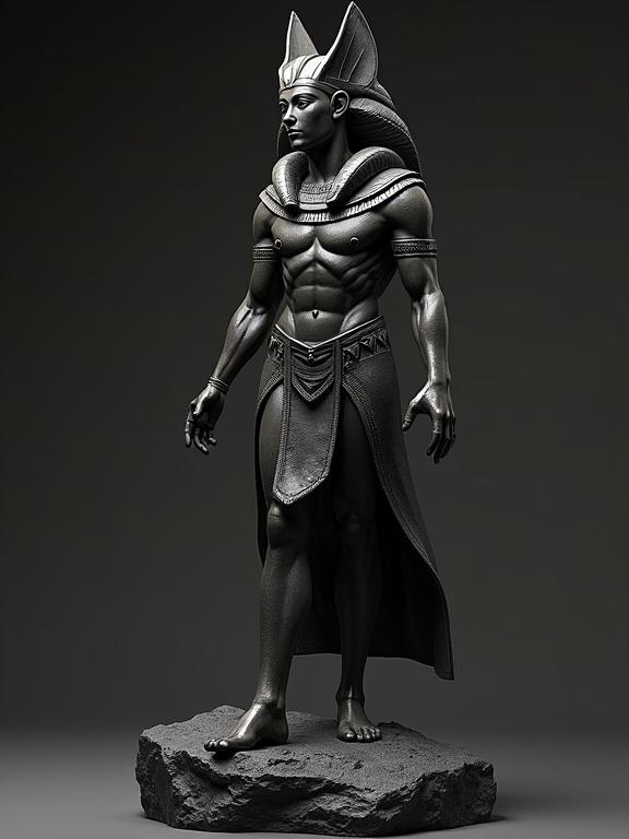 A striking 3D sculpture representing an Egyptian god. The figure stands upright on a black lava base. Strong musculature and intricate details embodying mythological elements are present.