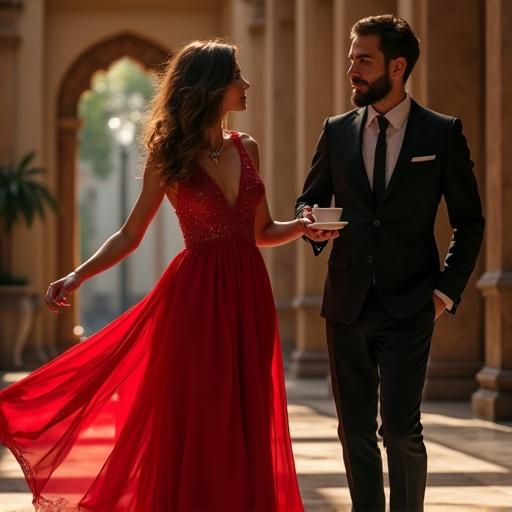 Man in black suit stands in a luxurious place holding coffee watching a beautiful woman dance in red Arabic dress.