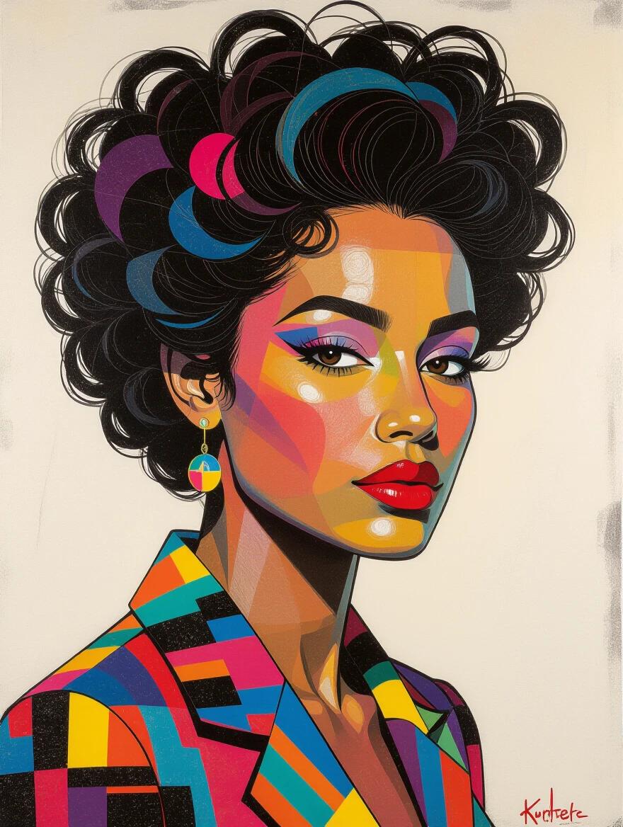 Abstract modern art inspired by dynamic lines and vibrant patterns. Thick brushstrokes and charcoal textures. Colorful patterns and glitchy neon colors. Focus on abstract shapes and textures with a futuristic aesthetic. No recognizable human figures, subtle hints of silhouettes.