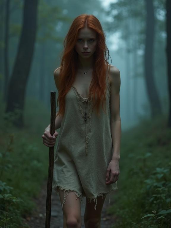 Young woman with auburn hair in tattered burlap dress stands barefoot on a wooded path. She holds a natural wooden staff. A sad expression is on her face. Mist surrounds her as she walks through the forest.