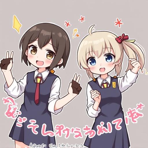 Two cute girls in school uniforms are smiling playfully. One has glasses and a ponytail. Emphasis on their cheerful expressions and cute designs.