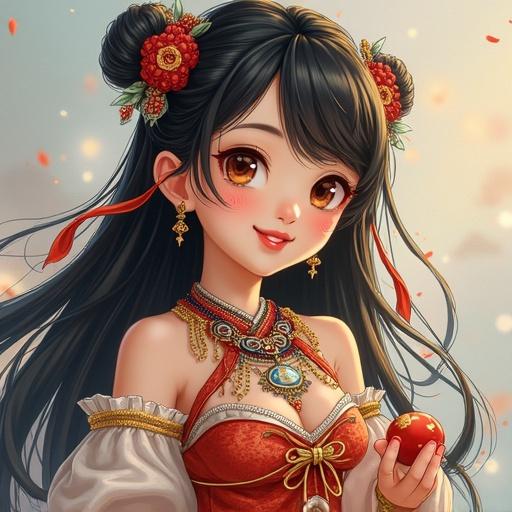 Character in traditional attire with vibrant flowers in hair. Delicate jewelry adorns the neck and shoulders. Poses with an intricate background, suggesting a theme of technology and craftsmanship.