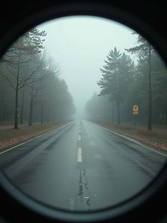 Foggy road surrounded by trees with a circular frame perspective. Two blind spots on the right, suggesting limited vision.