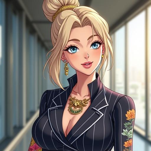 Anime woman with beautiful facial features. Wearing professional pinstriped dress. Stands inside modern dojo. Has oversized light blonde high bun and frosted blue eyes. Features half Japanese and half Saiyan traits. Holding a fitted ninja scroll. Displays traditional Japanese tattoos on her arms.