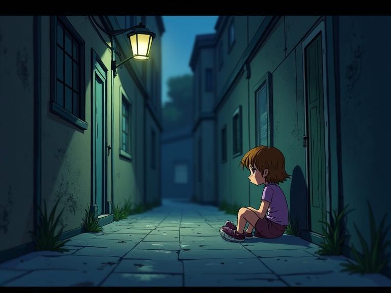 The scene is a cartoon. A girl is sitting in the alley under a lamp, engaging in conversation.