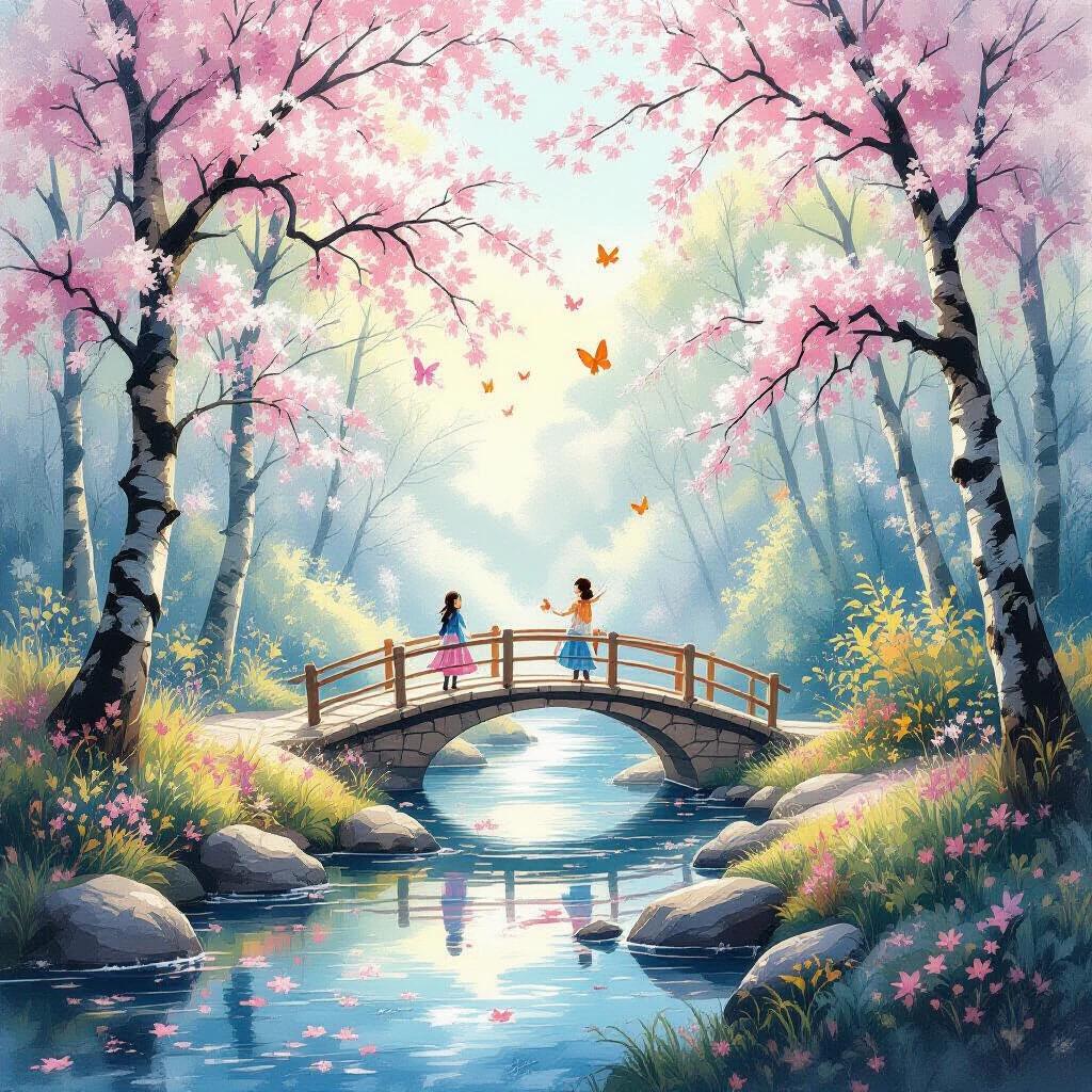 A serene artwork depicting a winding creek through a flower-filled forest. Pink blossoms adorn the trees, evoking spring. Two orange butterflies dance among the flowers. Soft sunlight filters through the leaves, creating a warm, dreamy atmosphere. The color palette is dominated by soft pinks and greens, offering a peaceful, comforting feeling. This artwork illustrates nature's beauty and conveys a sense of peace and hope.