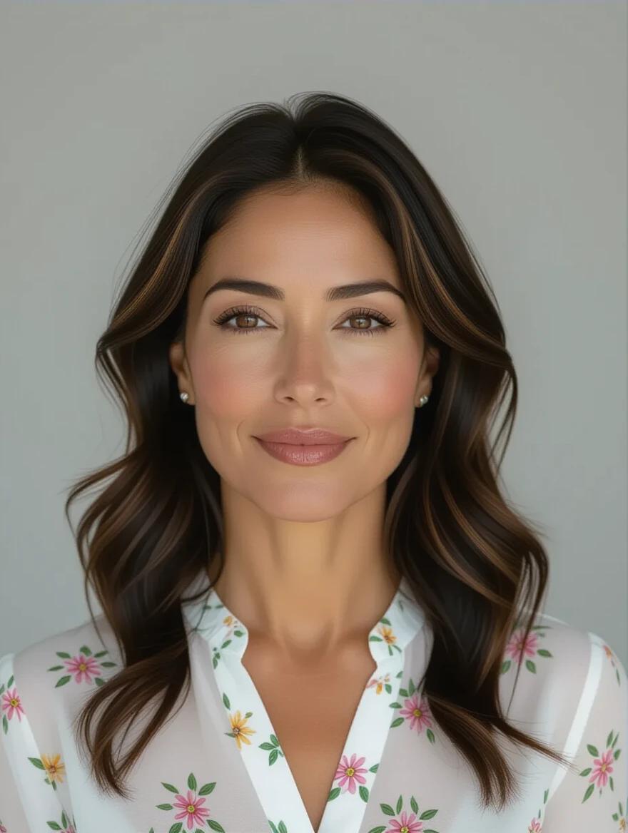 Realistic image of a 40-year-old Mexican woman. She has light skin and dark hair that falls around her shoulders. Her hazel eyes are expressive. She has soft but defined facial features, full lips, a straight nose, and naturally arched eyebrows. She wears a white floral blouse. Her expression is calm and approachable with a gentle smile. Her posture is upright and relaxed. The overall look is clean, elegant, and professional.