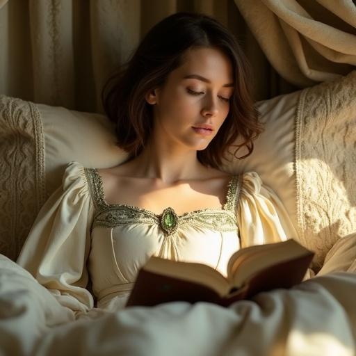 Young woman in medieval-inspired attire sits on plush canopied bed. She has bob-cut brown hair and porcelain skin. Wearing soft ivory dress with green embroidery. Room illuminated by warm afternoon light. Holding a thick book, reading peacefully. Relaxed posture with one leg curled, feeling tranquil.
