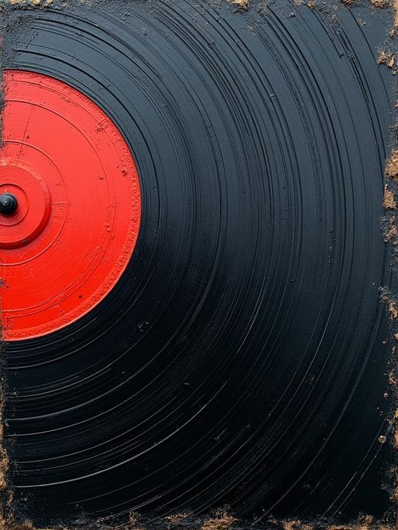 Close-up view of a vinyl record with visible grooves. Surface fills the frame completely. Rough texture resembling an oil painting. Abstract expressionism style is emphasized.