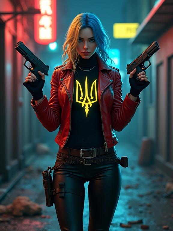 Hyper-realistic digital artwork of fierce female mercenary in gritty urban alley at night. Split-colored hair with blonde on left and electric blue on right. Shiny red leather jacket over black turtleneck with glowing Ukrainian trident. Tight black leather pants and studded brown leather belt. Thigh holsters holding detailed pistols. Two tactical rifles held firmly in hands. Cold expression and piercing blue eyes reflecting neon lights, realistic hand anatomy. Dark, moody background with wet pavement and flickering neon signs.