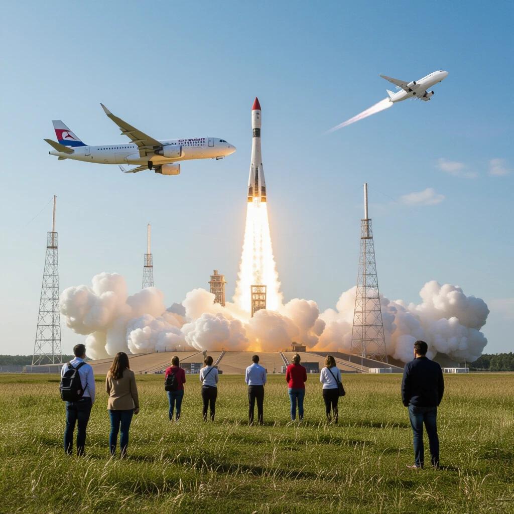 A landscape featuring an airplane, a rocket, and people watching the event.