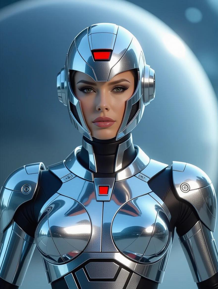 A chrome robotic figure with a sleek design and futuristic armor. The figure has a distinctive chest with a red element and appears to be part of a science fiction narrative. The background suggests a space environment with soft lighting effects. Focus on the elegance of the chrome and the nuances of the design.