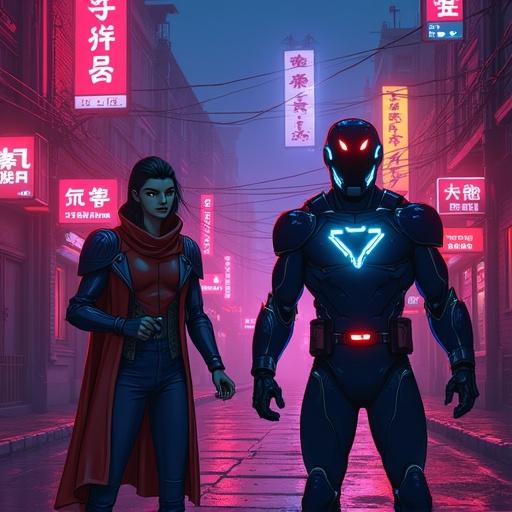 Retro neon style heroes in an Old Town setting. No background. Two characters with distinctive features. Vivid color scheme.
