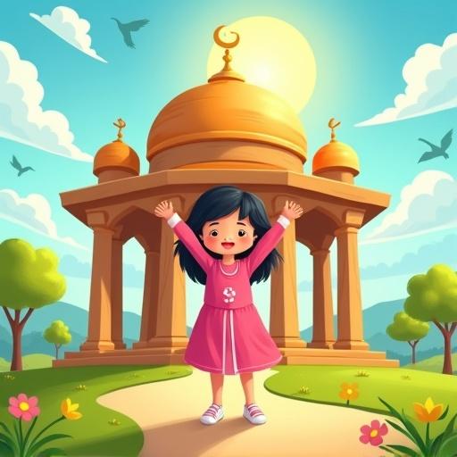 A vibrant cartoon-style book cover with an Islamic theme. The scene shows a joyful girl aged 7 to 10 with short black hair wearing a pink dress with vertical white stripes. She stands in front of a house with dome shapes and pillars. The background includes a sunny blue sky, grassy ground, trees, and birds. The tone is warm and visually joyful, suitable for an Islamic children's storybook. Include decorative elements and leave space at the top for a title.
