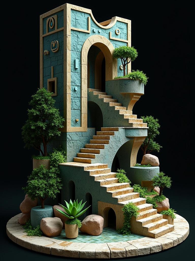 A surreal architectural tower inspired by Incan design blends M.C. Escher's style. Features impossibly connected stairs, arches, and pathways. Potted green succulent and rocks are present. Silver turquoise and gold colors dominate the structure. Background is black.