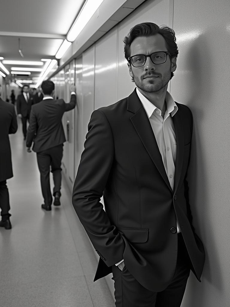 Businessmen in suits walking in a corridor. One man stands against the wall. Others walk in the background. Black and white image.