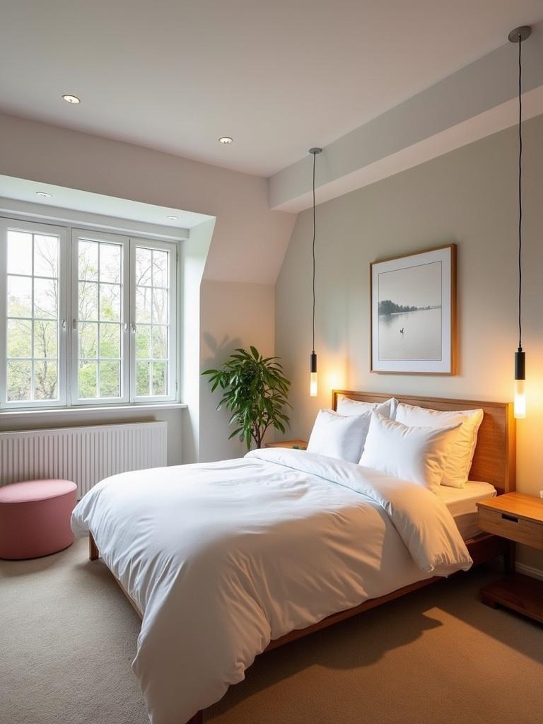 Cozy bedroom with a bed featuring white linens against the wall. Large window brings in natural light. Recessed lights in a false ceiling. A pink ottoman is near the bed. Green plant in the corner. Wall art above the bed. Warm lamps for lighting.