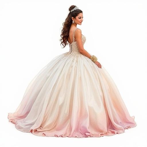 Hyper realistic illustration of a full body quinceañera dress. White background accentuating the gown. Showcases details and elegant design.