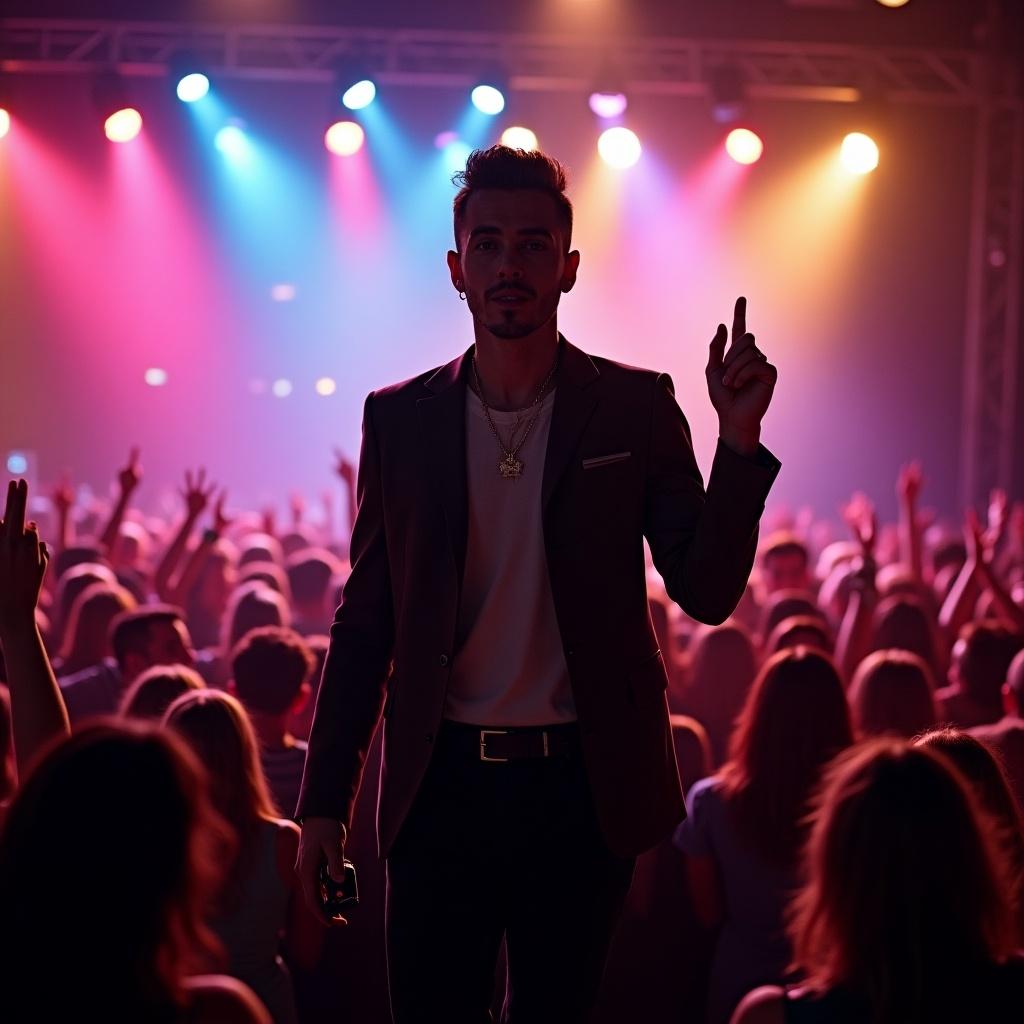 A pop singer performing at a concert. Stage lights create a lively atmosphere filled with an audience. The singer stands confidently with one arm raised in the air.