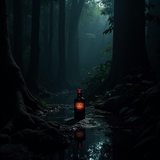 A dark night deep in a tropical forest without moonlight or celestial reflections. Dense atmosphere dominated by giant tree shadows. Twisted branches obscure natural light, creating complete darkness. Only light source is a low-powered lantern, cutting through darkness with a narrow beam. Center, partially submerged in slow-moving dark stream, rests a wine bottle with a vibrant red cap. The lantern illuminates the bottle, making the cap stand out as the sole color in total shadow. The water reflects the scarlet tone diffusely, distorting the image in soft waves. Bottle label is discreet with barely visible gold details under dim light, adding refinement without breaking the darkness. Additionally, the cold, clear stream flows gently over moss-covered stones, creating tiny islands of darkness. The lantern's light creates dramatic reflections on moisture particles and droplets on wild blackberries growing by the water. Some blackberries rest in the stream, floating in slow currents, their dark tones absorbing scarce light. The background fades into deep shadows, with wide, twisted trunks framing the scene. Large, damp leaves absorb light without reflecting it, maintaining a dark and opaque palette. The red cap is the only warm point in the image. Lighting is designed for extreme chiaroscuro, minimally illuminating with deep shadow throughout. The water reflects the scene subtly, avoiding artificial brightness, contributing to an immersive image where the wine bottle exists in an isolated corner of the forest, trapped in nighttime mystery.
