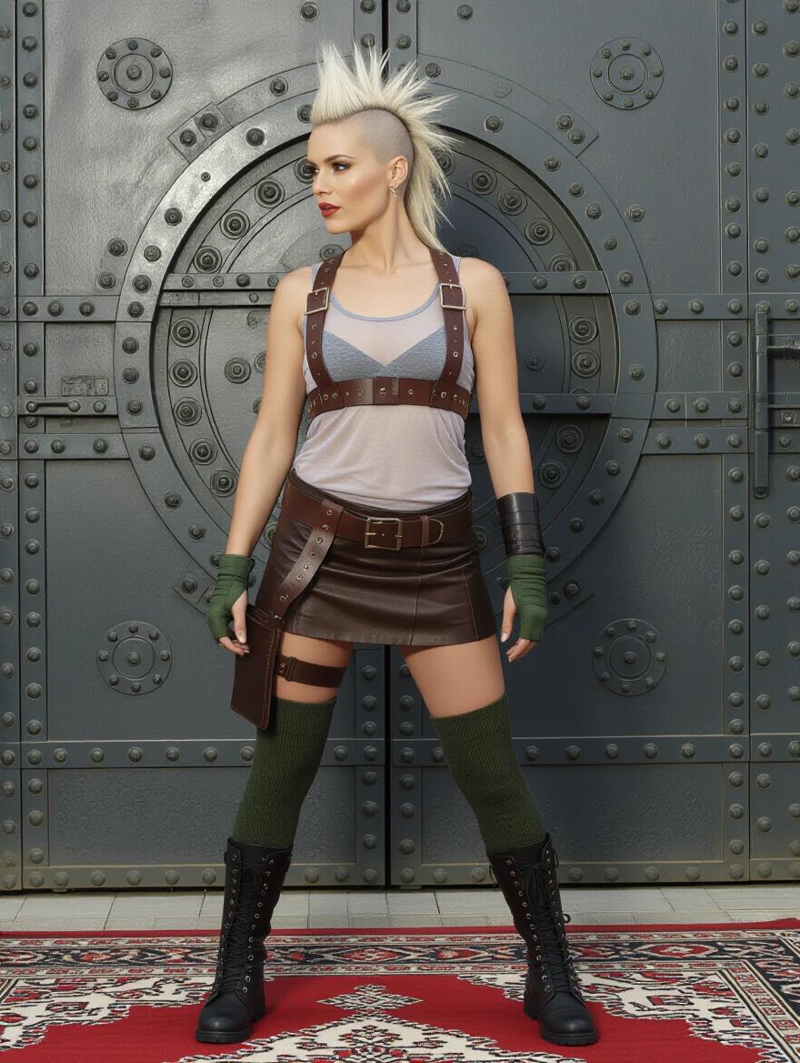 Photograph of a woman with punk style. Woman stands confidently. She wears sheer grey tank-top and brown leather harness with a large buckle. Dark brown mini skirt has a utility belt. Accessories include green fingerless gloves and dark green knee-high socks. She wears black combat boots. Hair is platinum blonde with mohawk style and side braids. Background features large industrial metal door with circular patterns. There is a patterned rug at the bottom. Lighting is soft and even. Fists are up and legs are slightly apart. Overall style is edgy and adventurous. Dynamic and energetic feel. Woman's outfit has earthy and metallic colors.