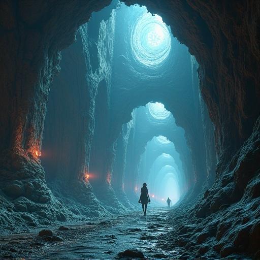 Realistic image depicting various beings of different sizes and existential planes in a cave-like setting. Atmospheric style inspired by Bosch.