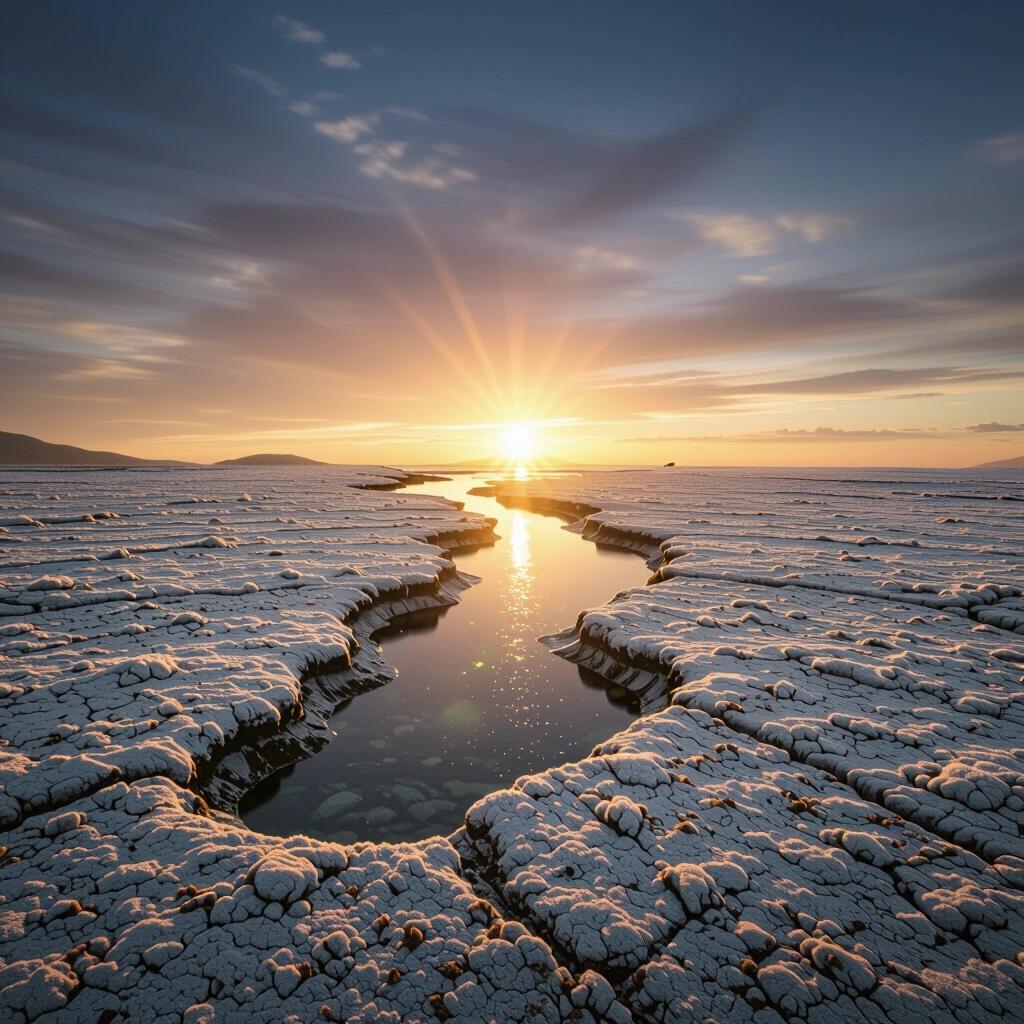 Surreal landscape featuring a vivid sunset. The scene reveals cracked ground covered in white snow. A stream of water reflects the sun against the flat expanse.