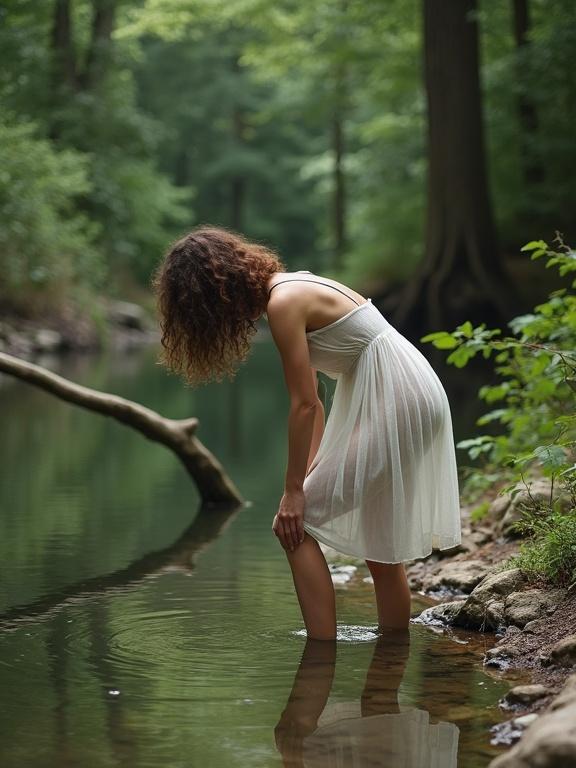 Photograph of a young woman in a white dress by a pond in a forest. Woman has curly brown hair and is leaning over to touch the water. Background features tall trees and dense greenery. Image captures calm water and natural ambiance with soft lighting.