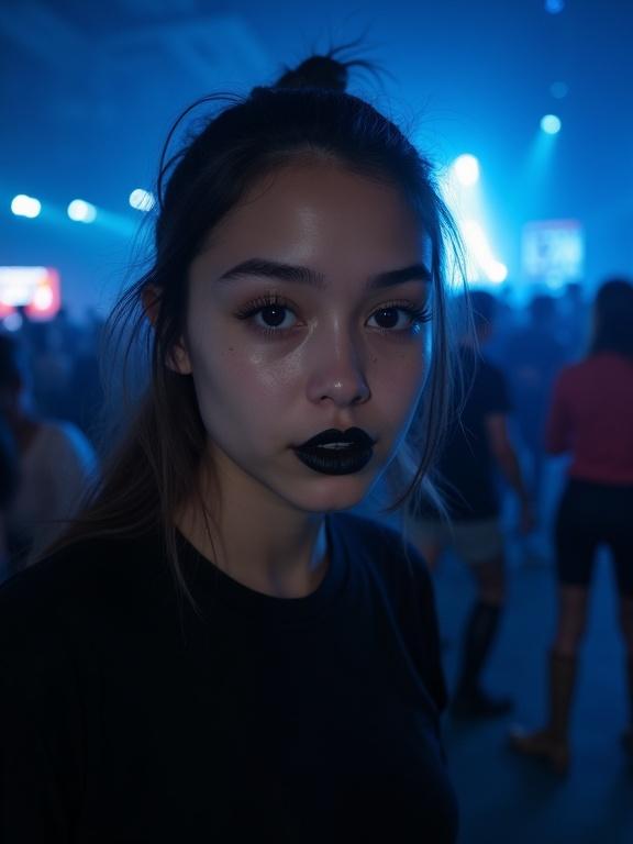 An 18-year-old influencer speaks to the camera in a dim concert venue. Soft, oval face with delicate jawline. Natural skin texture with subtle marks. Full lips in black lipstick. Almond-shaped, light brown eyes with natural eyeliner and light eyeshadow. Dark brown, voluminous hair tied back, with side-swept bangs. Wearing a black T-shirt. Expression is neutral. Background shows crowd and illuminated signage with blue lighting.