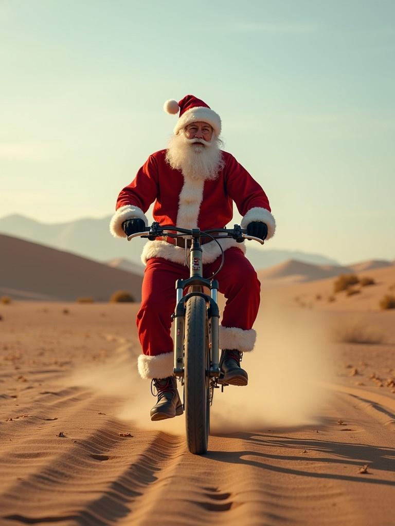 Santa Claus dressed in red riding a bicycle through a sandy desert landscape. The background consists of mountains and a clear sky. The scene depicts a unique and festive holiday spirit in a warm, unconventional setting.