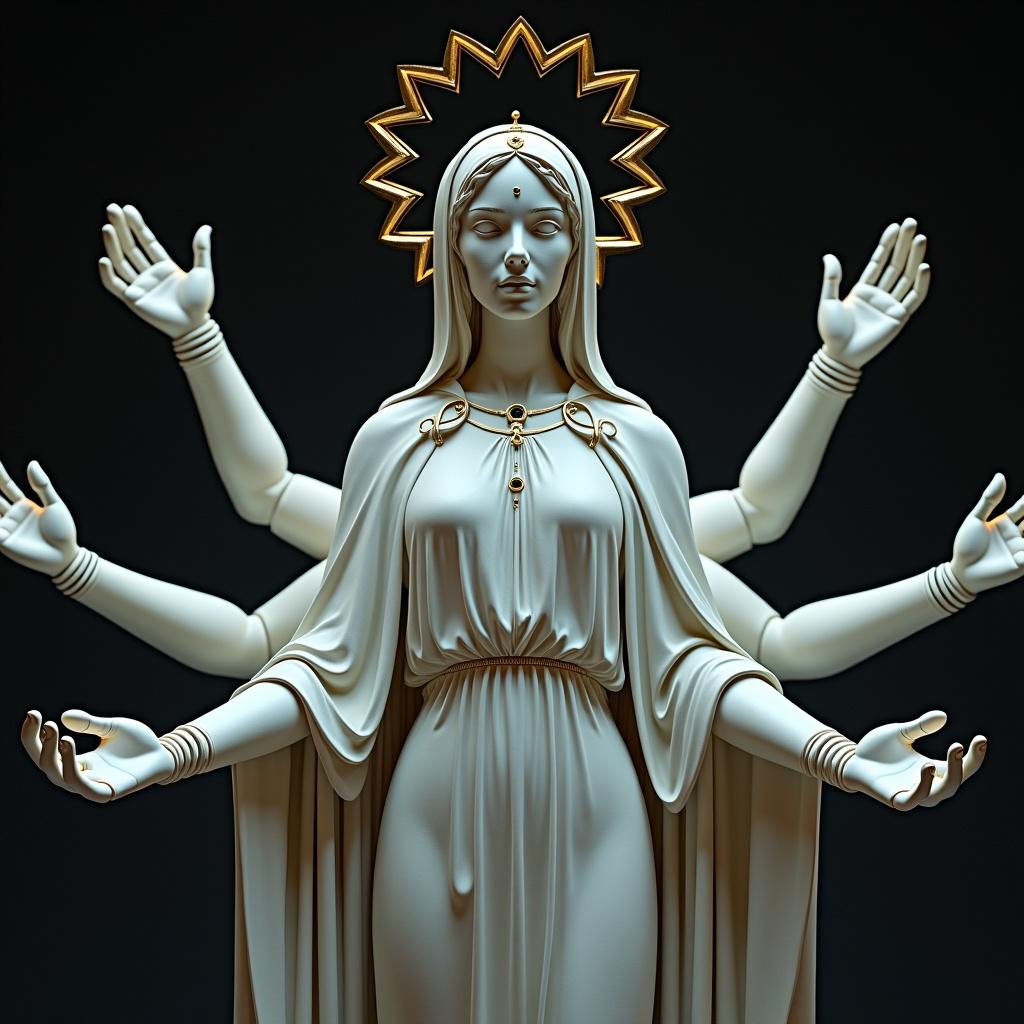 A close-up view of a statue featuring a woman. The statue represents a biometric humanoid robot. The figure has six arms raised with an expression of openness. The artwork is inspired by the high priestess tarot card imagery resembling the madonna. The artistic style is similar to Jojo's artwork, capturing detailed elements. The statue is designed with global illumination effects to enhance its appearance.