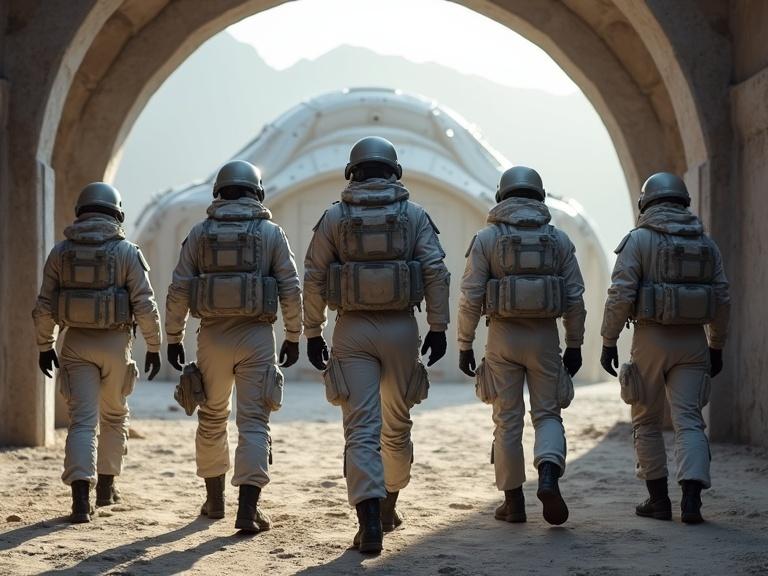 Photo of realistic male female sci-fi soldiers in light grey army fatigue gear with hard padding, wearing black army boots. Set in a wide space grey tent mess hall during the day, sunny desert outside, with shadows and rich details.