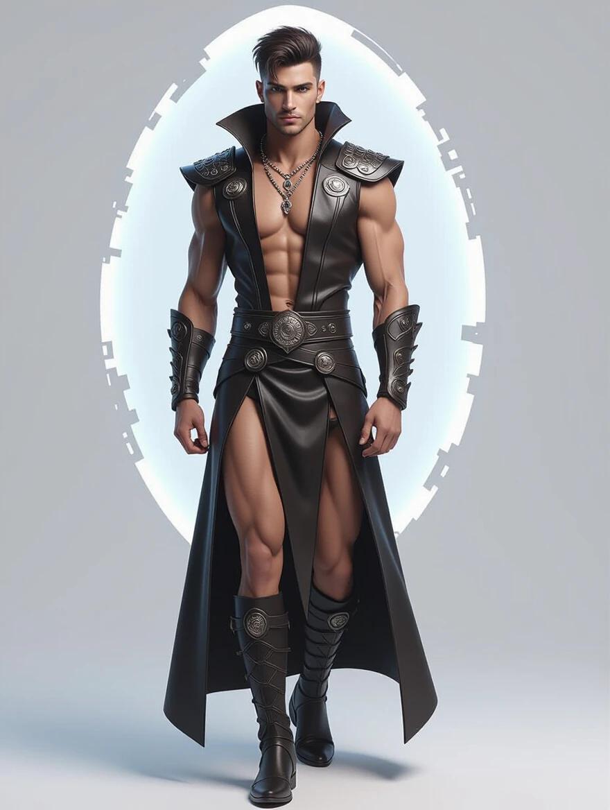 A male figure wearing an ornate black outfit with a high collar and dramatic cuts. The figure is muscular with a confident expression. The background features a circular design to enhance the subject. The art blends elements of glamour and fantasy.