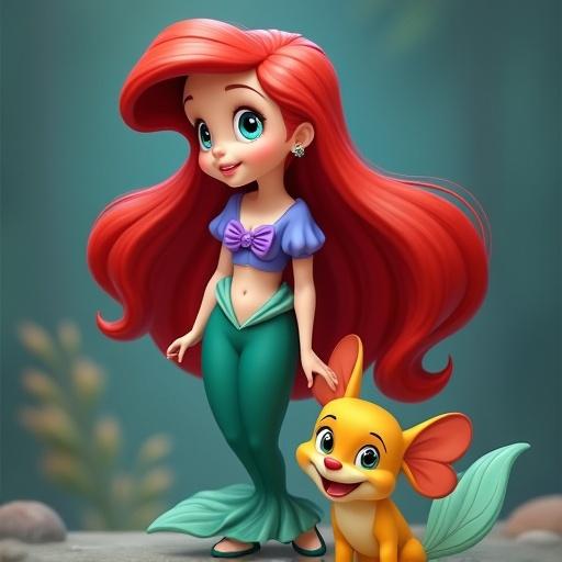 Ariel is a small princess with long red hair. She wears a purple top and a green mermaid tail. She stands beside a small, friendly fish. The background is soft and aquatic.