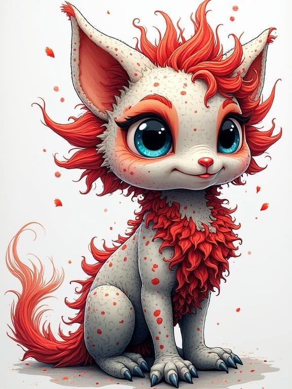 A cute fantasy creature with a fluffy red mane sitting down. The creature has large expressive blue eyes, soft furry body with light gray tones and playful red details. Background is simple to allow coloring.