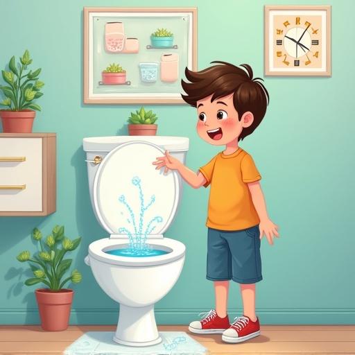 Image depicting a smiling boy flushing a sparkling clean toilet. The bathroom features fresh green plants. The boy wears a yellow shirt, blue shorts, and red shoes. The scene aims to teach children about toilet hygiene through engaging visuals.