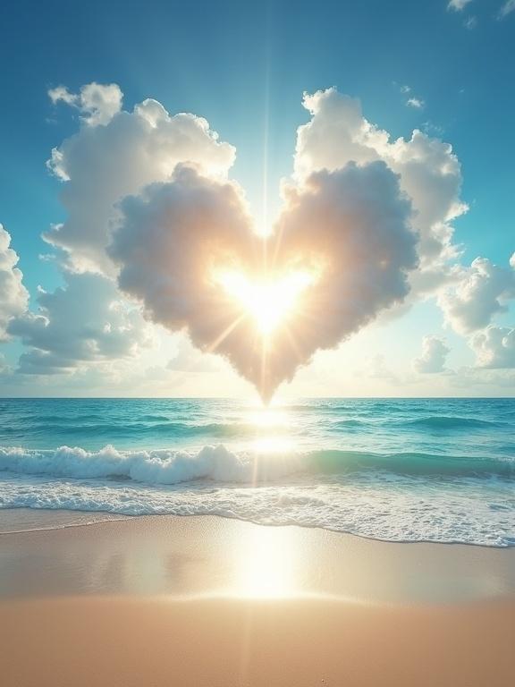 Artistic scene at seashore during daylight featuring heart-shaped cloud with sun rays, ocean waves, clear blue sky and sandy shoreline.