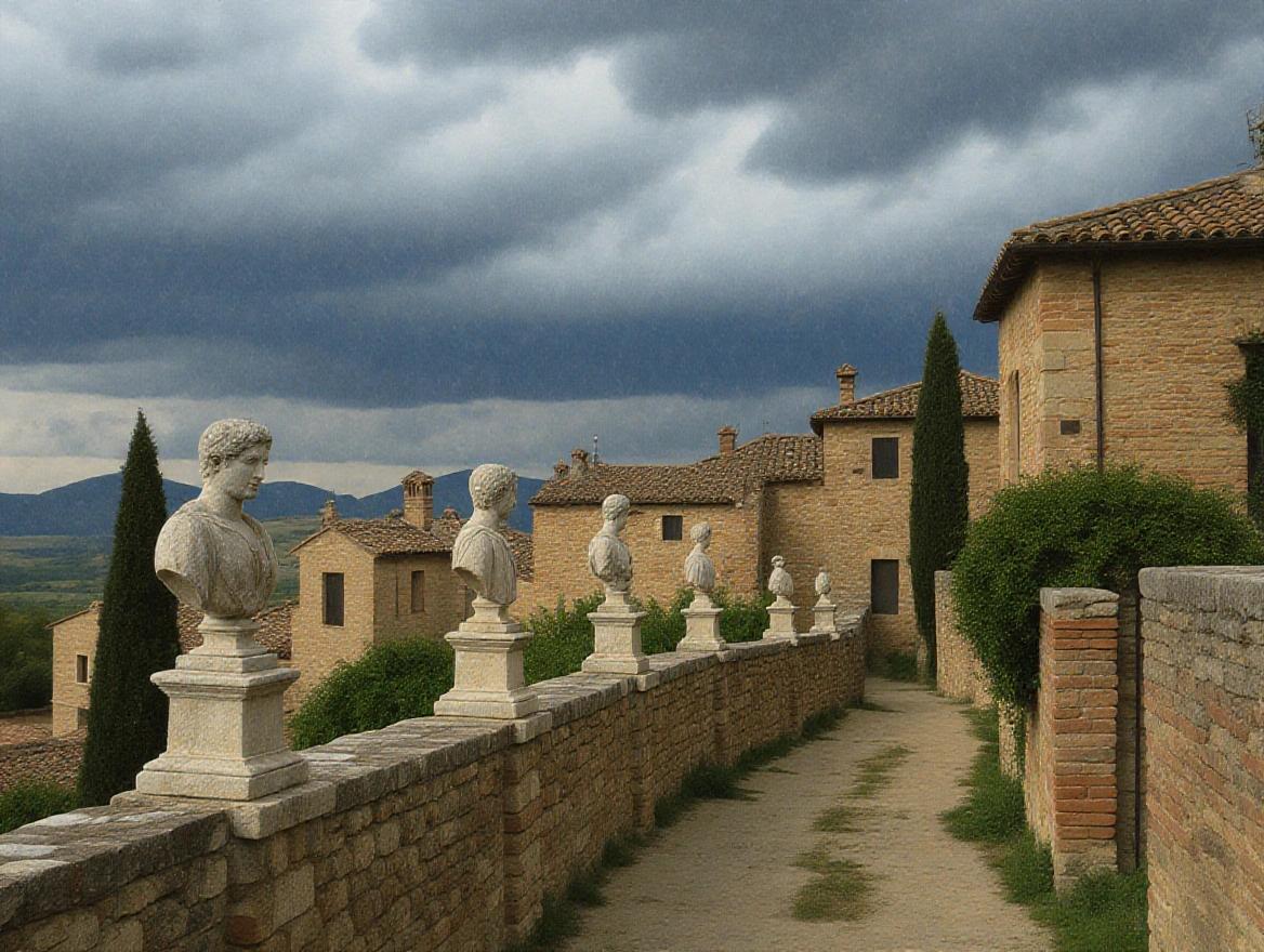 Moody landscape of an old Italian village under a dramatic overcast sky. Stone statues positioned along a wall. Old buildings in background with terracotta roofs. Narrow path with overgrown vegetation. Atmosphere of history and mystery.