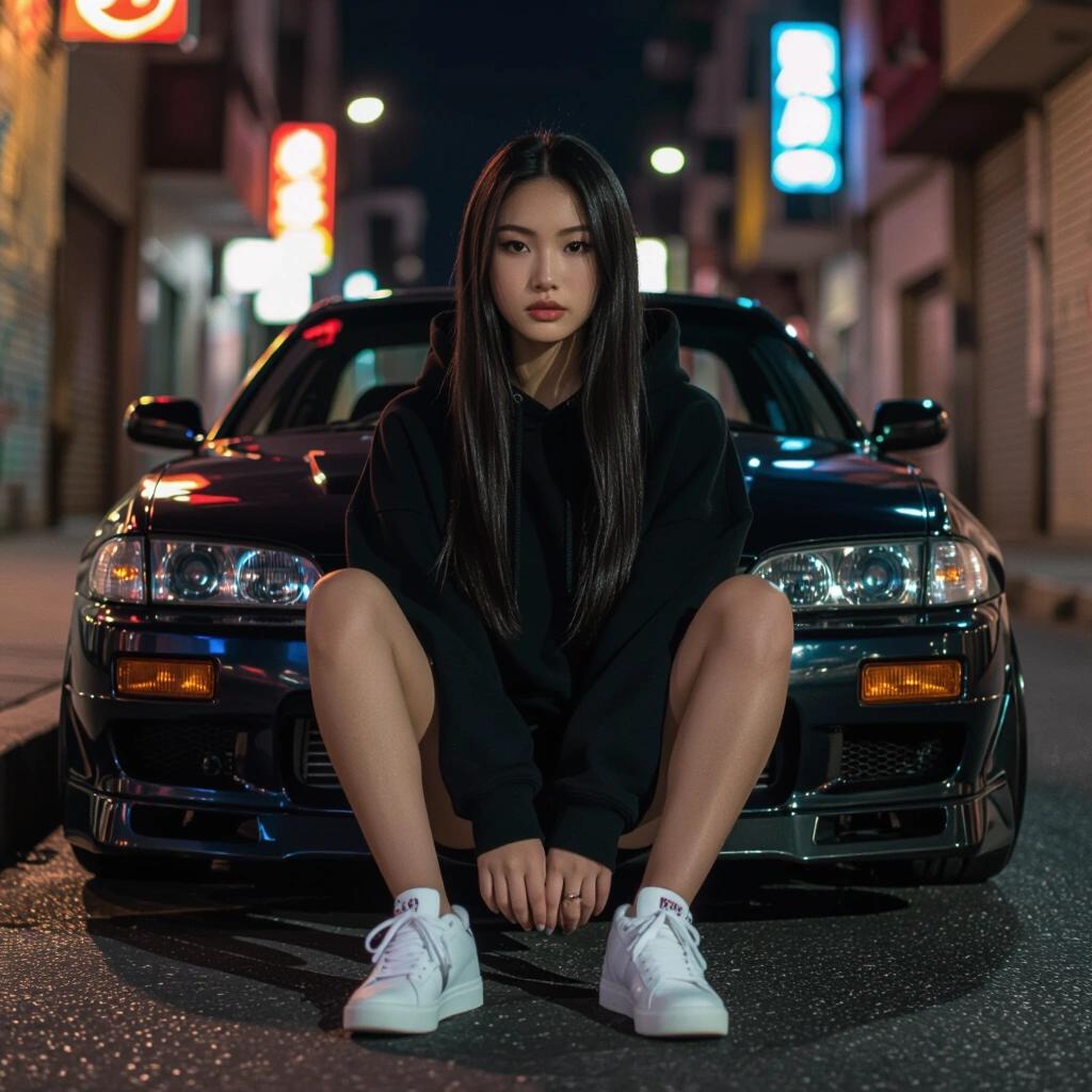 Full-body photo of a young East Asian woman in a black oversized hoodie and biker shorts. She sits on a modified JDM car in an urban street at night. Neon reflections on her outfit create a vibrant ambiance. Background features car meet and graffiti. Strong urban styling and lighting.