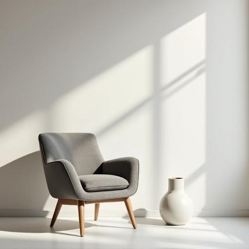 Modern grey accent chair in a minimalistic softly lit room. Neutral-toned walls and flooring create a serene atmosphere. Elegant white ceramic vase placed beside the chair. Soft shadows add to the simplicity and balance of the composition.