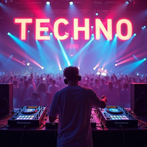 Vibrant EDM concert scene. DJ playing music with equipment. Colorful laser lights. Large sign saying Techno. Album cover design. Text includes DJ Beeftronixx.